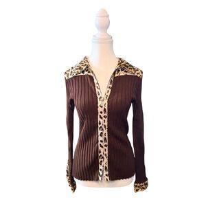 Brown Ribbed Zip-Front Sweater with Leopard Trim | Size S